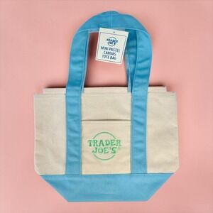 Trader Joe's Mini Pastel Canvas Tote Bag, Blue, Cream, NWT, Limited